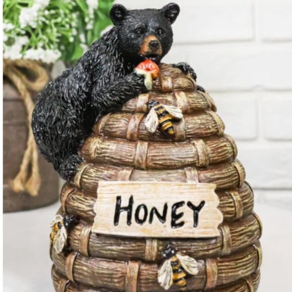 Rustic Forest Black Bear Climbing On Honey Beehive With Bumblebees Figurine
